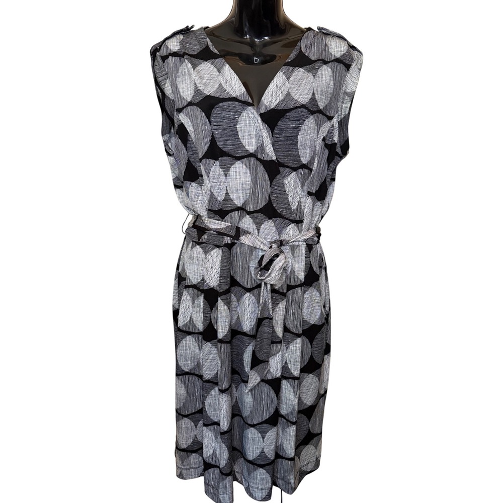 Banana Republic Womens Black White Geometric Circle Faux Wrap Dress Pockets L